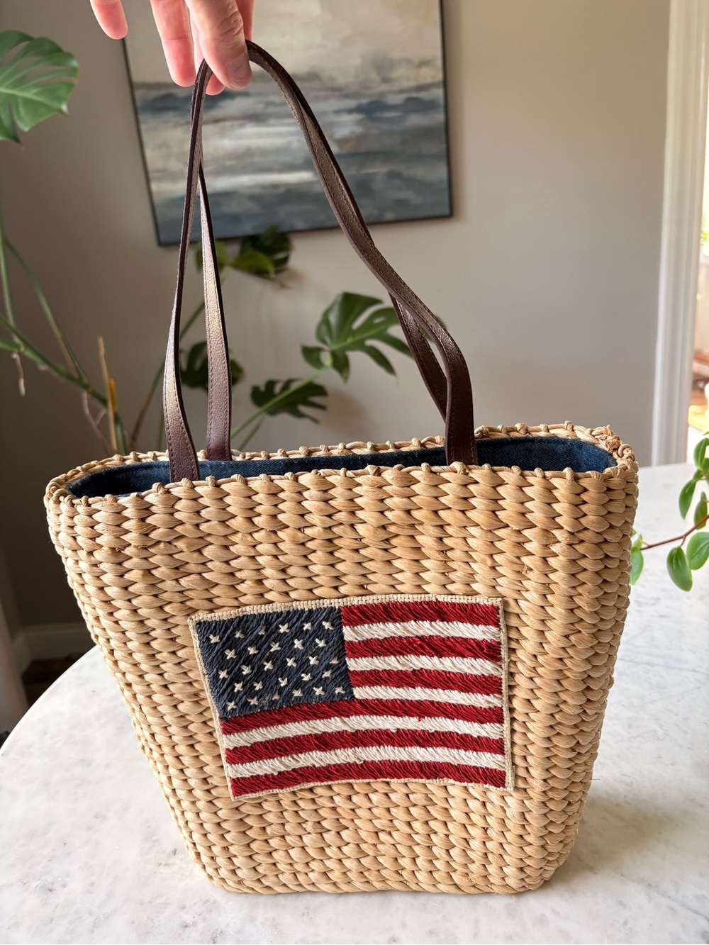 Woven Straw Tote with American Flag Patch - Navy/Red